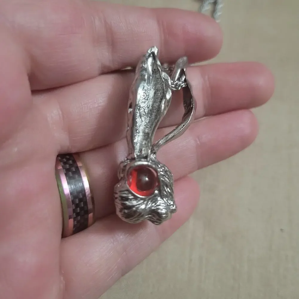 Men's Punk bunny rabbit necklace, silver tone with red eyes